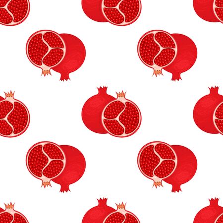 Seamless pattern with fresh bright exotic whole and half pomegranate with leaves on white background. Summer fruits for healthy lifestyle. Organic fruit. Vector illustration for any design.のイラスト素材