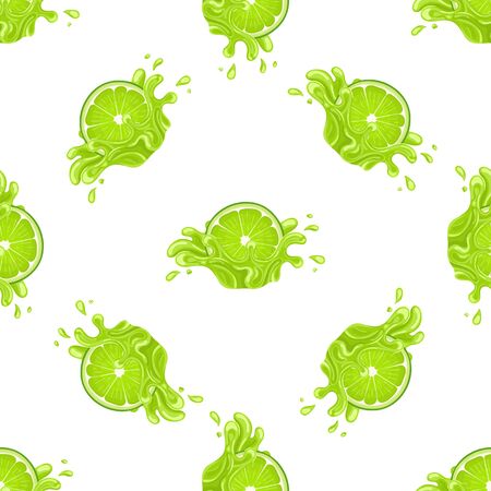 Seamless pattern with fresh bright lime juice splash burst isolated on white background. Summer fruit juice. Cartoon style. Vector illustration for any design.のイラスト素材