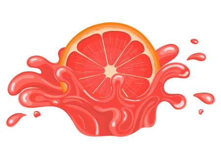 Fresh bright half cut grapefruit juice splash burst isolated on white background. Summer fruit juice. Cartoon style. Vector illustration for any design.のイラスト素材