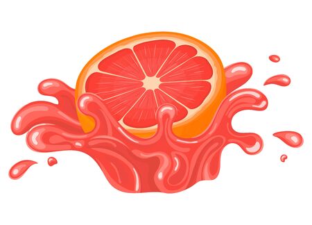 Fresh bright half cut grapefruit juice splash burst isolated on white background. Summer fruit juice. Cartoon style. Vector illustration for any design.のイラスト素材