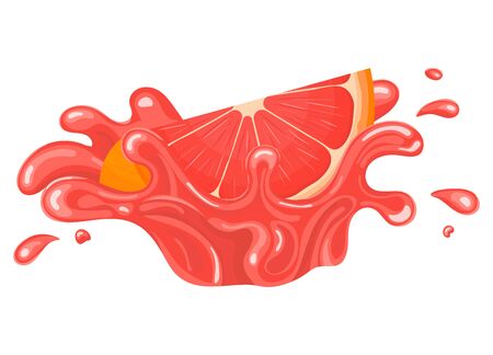 Fresh bright cut slice grapefruit juice splash burst isolated on white background. Summer fruit juice. Cartoon style. Vector illustration for any design.のイラスト素材