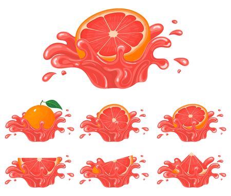 Set of fresh bright grapefruit juice splash burst isolated on white background. Summer fruit juice. Cartoon style. Vector illustration for any design.のイラスト素材