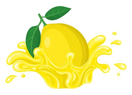Fresh bright lemon juice splash burst isolated on white background. Summer fruit juice. Cartoon style. Vector illustration for any design.のイラスト素材
