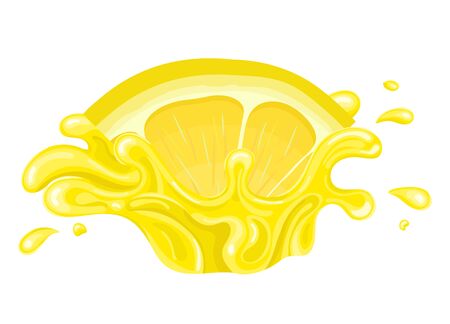 Fresh bright cut slice lemon juice splash burst isolated on white background. Summer fruit juice. Cartoon style. Vector illustration for any design.のイラスト素材