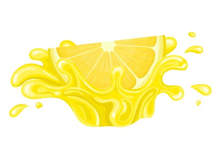 Fresh bright cut slice lemon juice splash burst isolated on white background. Summer fruit juice. Cartoon style. Vector illustration for any design.のイラスト素材