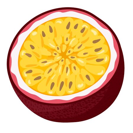 Fresh bright exotic half cut passion fruit isolated on white background. Summer fruits for healthy lifestyle. Organic fruit. Cartoon style. Vector illustration for any design.のイラスト素材