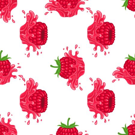 Seamless pattern with fresh bright raspberry juice splash burst isolated on white background. Summer fruit juice. Cartoon style. Vector illustration for any design.のイラスト素材