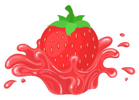 Fresh bright strawberry juice splash burst isolated on white background. Summer fruit juice. Cartoon style. Vector illustration for any design.のイラスト素材