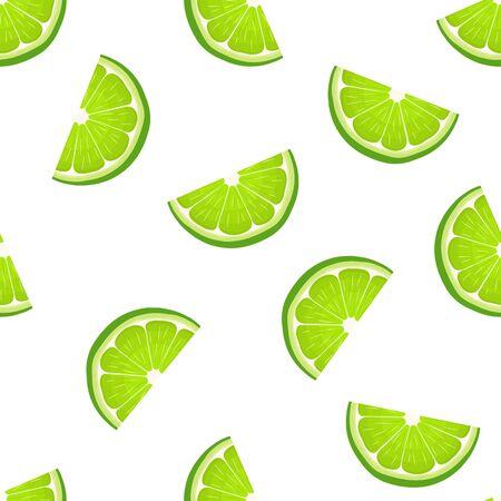 Seamless pattern with fresh bright exotic cut slice lime fruit on white background. Summer fruits for healthy lifestyle. Organic fruit. Cartoon style. Vector illustration for any design.のイラスト素材