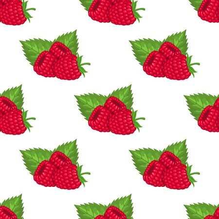 Seamless pattern with fresh bright exotic whole raspberries with leaves on white background. Summer fruits for healthy lifestyle. Organic fruit. Cartoon style. Vector illustration for any design.のイラスト素材