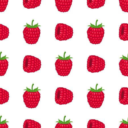 Seamless pattern with fresh bright exotic whole raspberry on white background. Summer fruits for healthy lifestyle. Organic fruit. Cartoon style. Vector illustration for any design.のイラスト素材