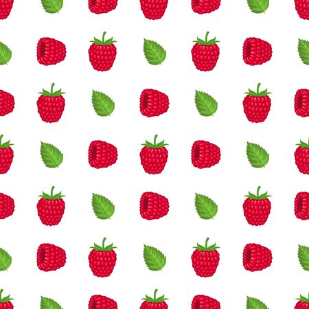 Fresh bright exotic whole raspberries with leaves isolated on white background. Summer fruits for healthy lifestyle. Organic fruit. Cartoon style. Vector illustration for any design.のイラスト素材