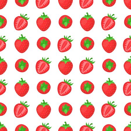 Seamless pattern with fresh bright exotic whole and half strawberries on white background. Summer fruits for healthy lifestyle. Organic fruit. Cartoon style. Vector illustration for any design.のイラスト素材