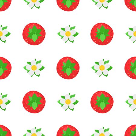 Seamless pattern with fresh bright exotic whole strawberries view from above on white background. Summer fruits for healthy lifestyle. Organic fruit. Cartoon style. Vector illustration for any design.のイラスト素材