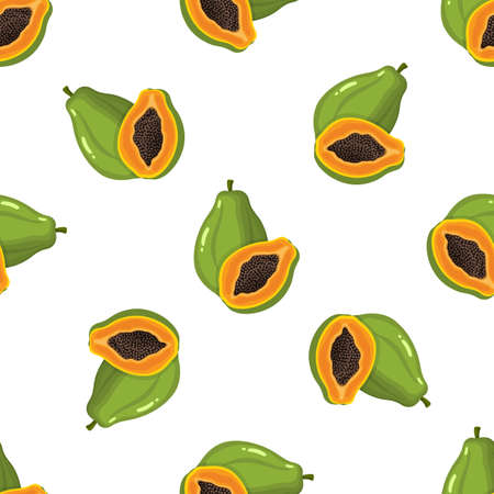 Seamless pattern with fresh bright exotic whole and half papaya fruit on white background. Summer fruits for healthy lifestyle. Organic fruit. Cartoon style.のイラスト素材