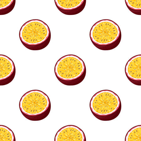 Seamless pattern with fresh bright exotic cut slice passion fruit on white background. Summer fruits for healthy lifestyle. Organic fruit. Cartoon style.のイラスト素材