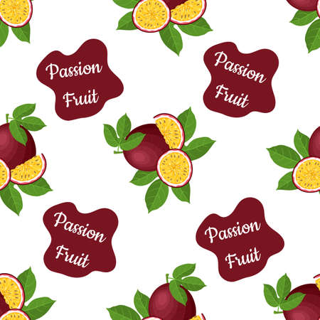 Seamless pattern with fresh bright exotic whole and cut slice passion fruit on white background. Summer fruits for healthy lifestyle. Organic fruit. Cartoon style.のイラスト素材