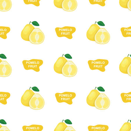 Seamless pattern with fresh bright exotic whole and cut slice pomelo fruit on white background. Summer fruits for healthy lifestyle. Organic fruit. Cartoon style.のイラスト素材