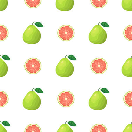Seamless pattern with fresh bright exotic whole and cut slice pomelo fruit on white background. Summer fruits for healthy lifestyle. Organic fruit. Cartoon style. Vector illustration for any design.のイラスト素材