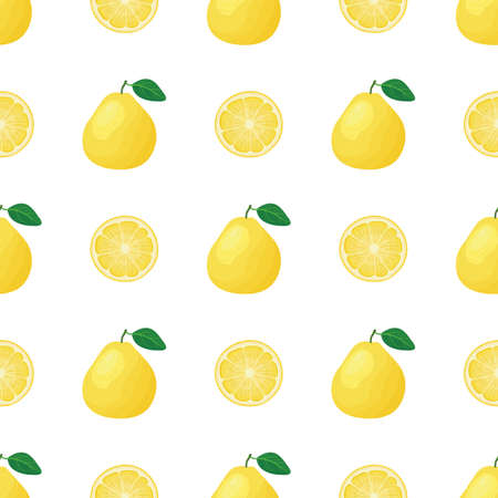 Seamless pattern with fresh bright exotic whole and cut slice pomelo fruit on white background. Summer fruits for healthy lifestyle. Organic fruit. Cartoon style. Vector illustration for any design.のイラスト素材