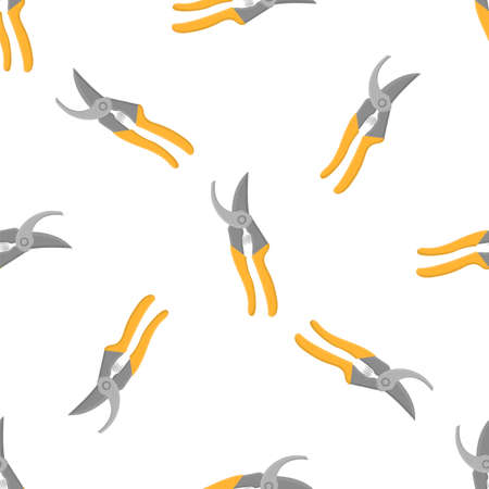 Seamless pattern with cartoon gardening scissors, secateur on white background. Gardening tool. Vector illustration for any design.のイラスト素材