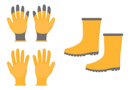 Yellow rubber boots and gloves isolated on white background. Gardening tools. Vector illustration in cartoon style for your design.のイラスト素材