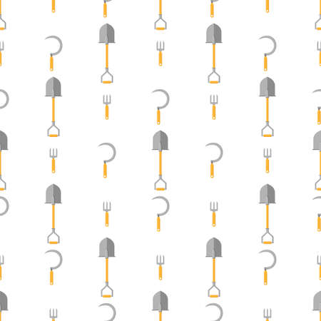 Seamless pattern with cartoon hand sickle, small pitchfork, shovel on white background. Gardening tool. Vector illustration for any design.のイラスト素材