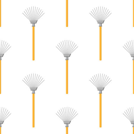 Seamless pattern with cartoon rakes on white background. Gardening tool. Vector illustration for any design.のイラスト素材