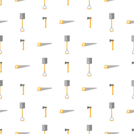 Seamless pattern with cartoon hand saw, ax, shovel on white background. Gardening tool. Vector illustration for any design.のイラスト素材