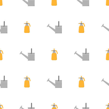 Seamless pattern with cartoon garden sprayer and watering can on white background. Gardening tool. Vector illustration for any design.のイラスト素材