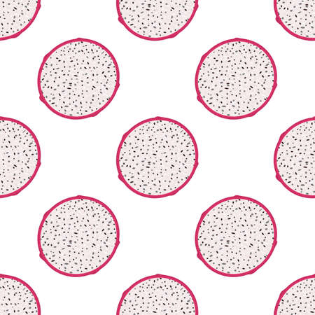 Seamless pattern with fresh half cut red pitaya fruits isolated on white background. Summer fruits for healthy lifestyle. Organic fruit. Cartoon style. Vector illustration for any design.のイラスト素材