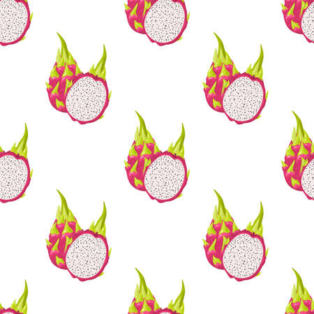 Seamless pattern with fresh whole and half cut red pitaya fruits isolated on white background. Summer fruits for healthy lifestyle. Organic fruit. Cartoon style. Vector illustration for any designのイラスト素材