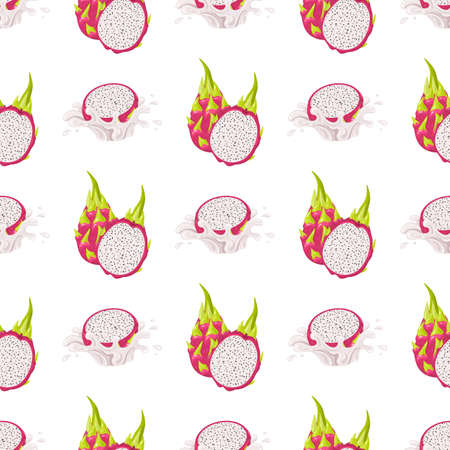 Seamless pattern with fresh whole and half cut red pitaya fruits isolated on white background. Summer fruits for healthy lifestyle. Organic fruit. Cartoon style. Vector illustration for any designのイラスト素材