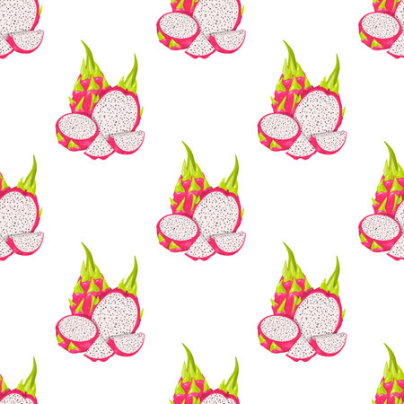 Seamless pattern with fresh whole and half cut red pitaya fruits isolated on white background. Summer fruits for healthy lifestyle. Organic fruit. Cartoon style. Vector illustration for any designの写真素材