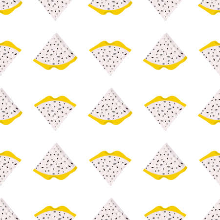 Seamless pattern with fresh cut slices yellow pitaya fruits isolated on white background. Summer...
