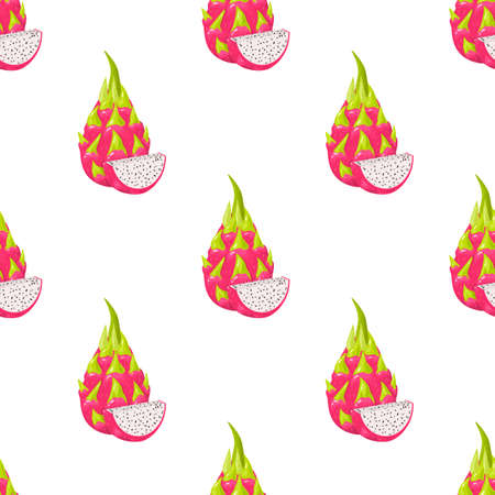 Seamless pattern with fresh whole and cut slice red pitaya fruits isolated on white background. Summer fruits for healthy lifestyle. Organic fruit. Cartoon style. Vector illustration for any designのイラスト素材