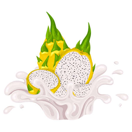 Fresh bright yellow whole and cut slices pitaya juice splash burst isolated on white background. Summer fruit juice. Cartoon style. Vector illustration for any designのイラスト素材