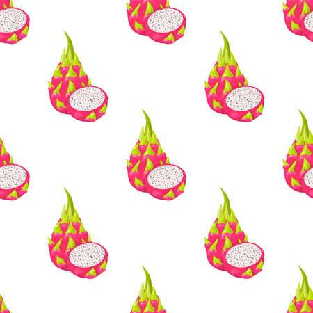 Seamless pattern with fresh whole and half cut red pitaya fruits isolated on white background. Summer fruits for healthy lifestyle. Organic fruit. Cartoon style. Vector illustration for any designのイラスト素材