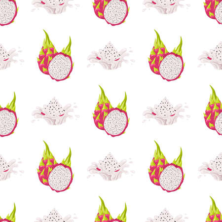 Seamless pattern with fresh whole and half cut red pitaya fruits isolated on white background. Summer fruits for healthy lifestyle. Organic fruit. Cartoon style. Vector illustration for any designのイラスト素材