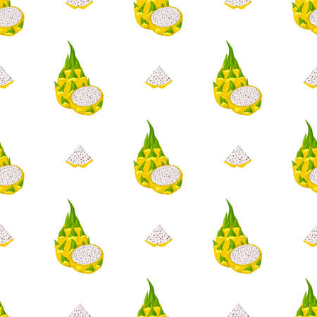 Seamless pattern with fresh whole and cut yellow pitaya fruits isolated on white background. Summer fruits for healthy lifestyle. Organic fruit. Cartoon style. Vector illustration for any designのイラスト素材