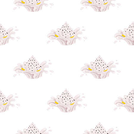 Seamless pattern with fresh bright yellow pitaya juice splash burst isolated on white background. Summer fruit juice. Cartoon style. Vector illustration for any designのイラスト素材