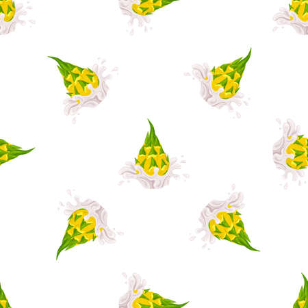 Seamless pattern with fresh bright yellow pitaya juice splash burst isolated on white background. Summer fruit juice. Cartoon style. Vector illustration for any designのイラスト素材