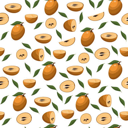 Seamless pattern with fresh sapodilla fruits isolated on white background. Summer fruits for healthy lifestyle. Organic fruit. Cartoon style. Vector illustration for any design.のイラスト素材