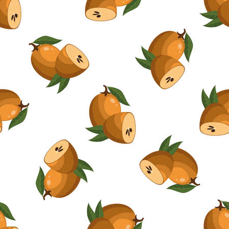 Seamless pattern with fresh sapodilla fruits isolated on white background. Summer fruits for healthy lifestyle. Organic fruit. Cartoon style. Vector illustration for any design.のイラスト素材