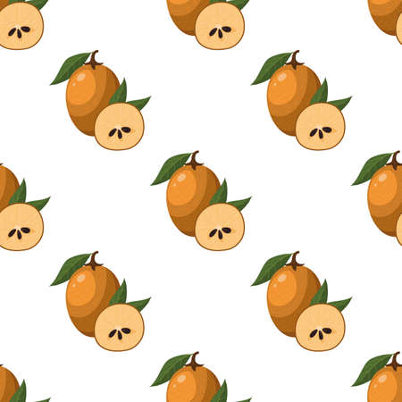 Seamless pattern with fresh sapodilla fruits isolated on white background. Summer fruits for healthy lifestyle. Organic fruit. Cartoon style. Vector illustration for any design.のイラスト素材