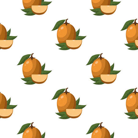 Seamless pattern with fresh sapodilla fruits isolated on white background. Summer fruits for healthy lifestyle. Organic fruit. Cartoon style. Vector illustration for any design.のイラスト素材