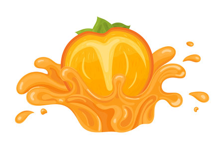 Fresh bright half cut persimmon juice splash burst isolated on white background. Summer fruit juice. Cartoon style. Vector illustration for any design.のイラスト素材