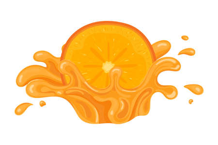 Fresh bright half cut persimmon juice splash burst isolated on white background. Summer fruit juice. Cartoon style. Vector illustration for any design.のイラスト素材
