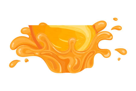 Fresh bright cut slice persimmon juice splash burst isolated on white background. Summer fruit juice. Cartoon style. Vector illustration for any design.のイラスト素材