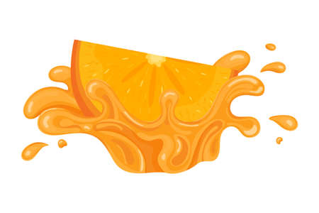 Fresh bright cut slice persimmon juice splash burst isolated on white background. Summer fruit juice. Cartoon style. Vector illustration for any design.のイラスト素材